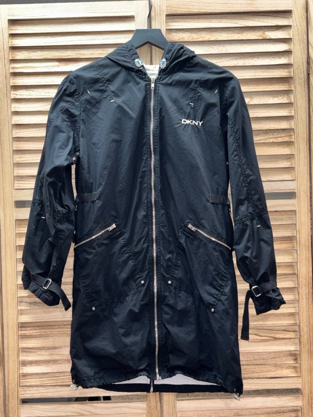 DKNY Girls Black Trench Style Hooded Jacket – Size 14